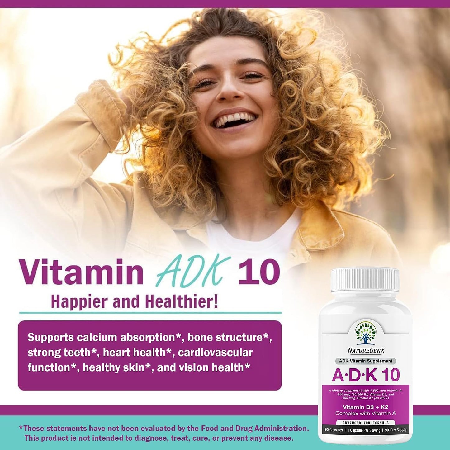 NatureGenX ADK10 – Vitamins A, D3 250 mcg & K2 MK-7 for Bone, Heart & Immune Health – Non-GMO, Gluten-Free, Soy-Free – 90 Capsules (3-Month Supply) | For Bone, Heart & Immune Health - Non-GMO, Gluten-Free, Soy-Free - 90 Capsules (3-Month Supply)