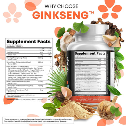 Clean Nutraceuticals Panax Ginseng Ginkgo Biloba Ashwagandha Maca Root - Focus Supplement Pills for Women and Men with Pine Bark Extract, Garlic, and Saw Palmetto - 60 Caps