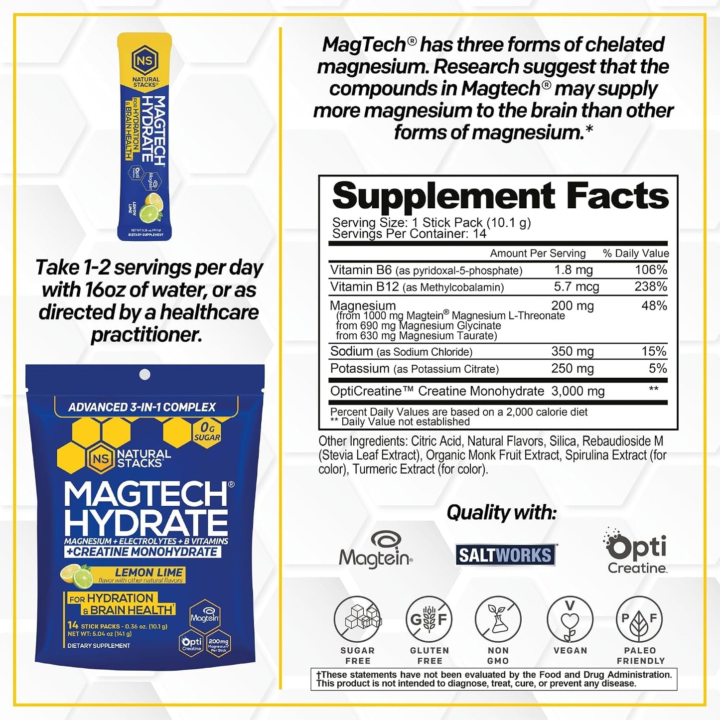 Magtech Magnesium Lemonade & Magtech Hydration Powder with Creatine - Sugar Free Magnesium Powder - Supports Hydration & Brain Health - 34 Total Servings