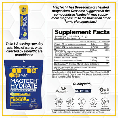 Magtech Magnesium Capsules + Hydration Creatine Powder Lemon Lime Bundle - 3 Forms of Magnesium - Featuring Magtein L-Threonate - Brain Health & Hydration Support* - 74 Total Servings