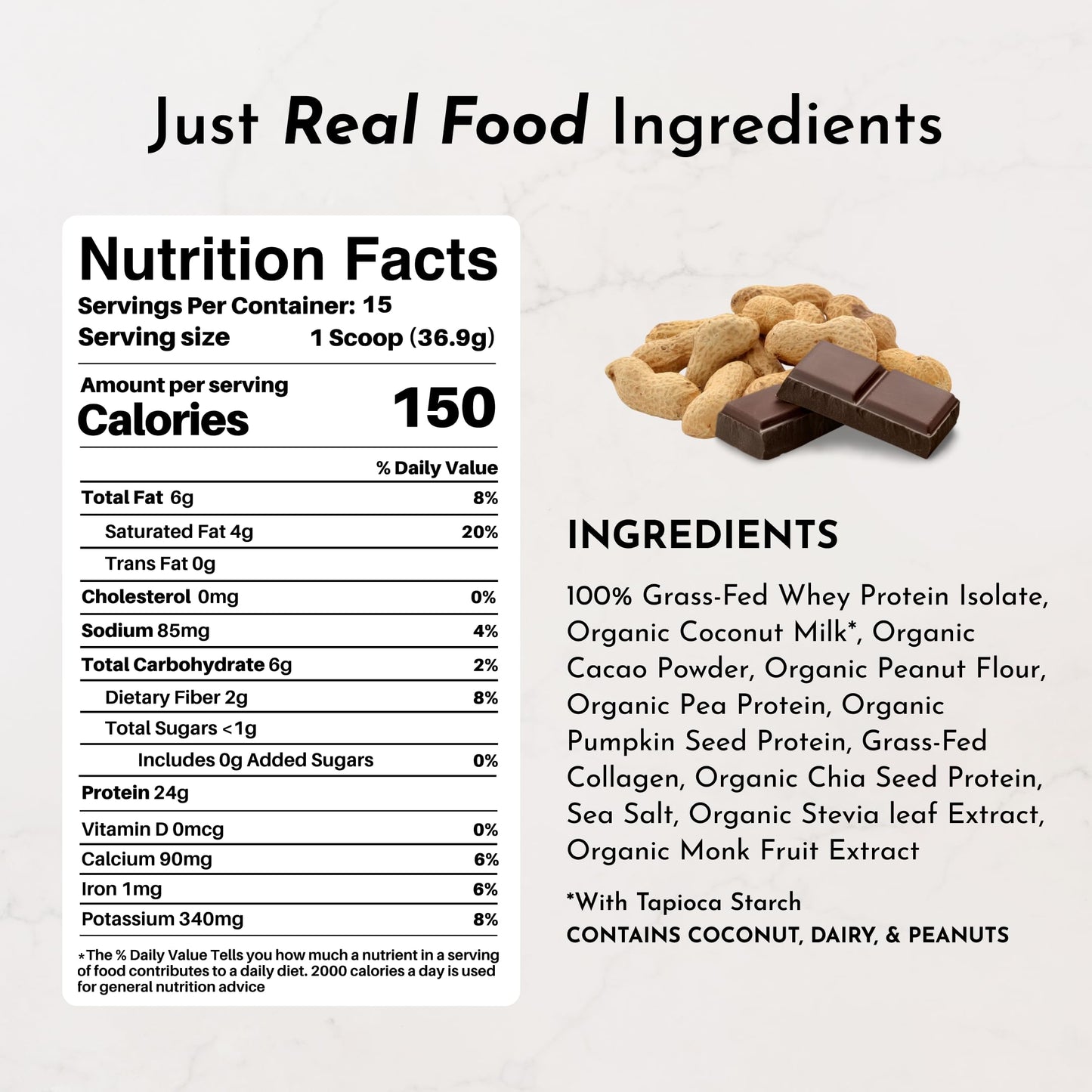 JUST INGREDIENTS Vanilla Bean Protein Powder – 20-Serving Blend with 100% Grass-Fed Whey & Organic Plant Proteins – Real Vanilla Bean & Cinnamon – Supports Muscle Recovery, Energy*