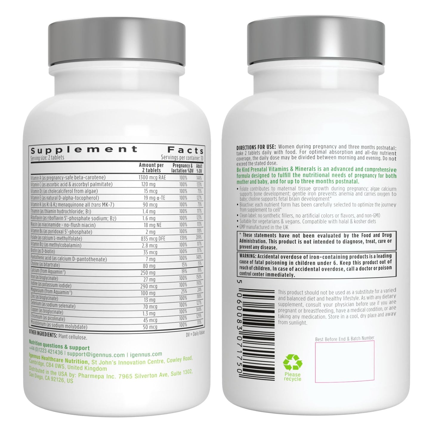 Igennus Methylated Prenatal Multivitamin for Women, Folate for MTHFR, High Absorption, Pure & Clean, Gentle Iron, Choline, Calcium & Magnesium, Vegan Pregnancy Vitamins, Halal, Non-GMO, 60 Tablets