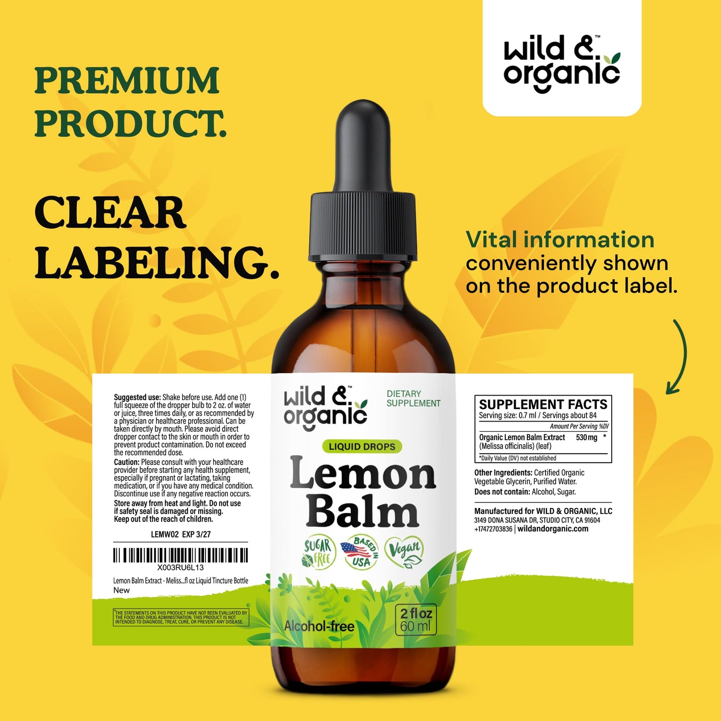Wild & Organic Lemon Balm Tincture - Good Mood Support - Melissa Lemon Balm Extract Drops - Add to Tea for Relaxation - Vegan, Sugar & Alcohol-Free Leaf Supplement - 4 fl oz