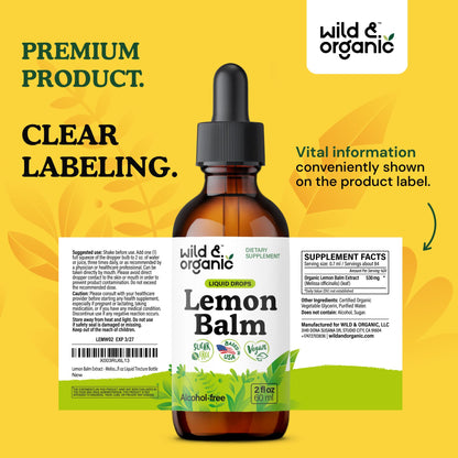 Wild & Organic Lemon Balm Tincture - Good Mood Support - Melissa Lemon Balm Extract Drops - Add to Tea for Relaxation - Vegan, Sugar & Alcohol-Free Leaf Supplement - 4 fl oz