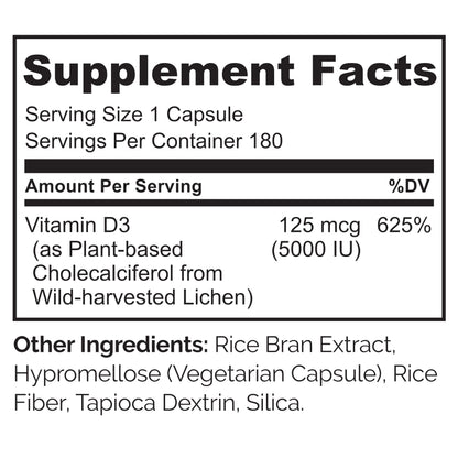 NATURELO Vitamin D - 5000 IU - Plant Based from Lichen - Natural D3 Supplement for Immune System, Bone Support, Joint Health - High Potency - Vegan - Non-GMO - Gluten Free - 180 Capsules