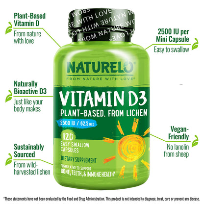NATURELO Vitamin D - 2500 IU - Plant Based from Lichen - Natural D3 Supplement for Immune System, Bone Support, Joint Health - Vegan - Non-GMO - Gluten Free - 180 Capsules