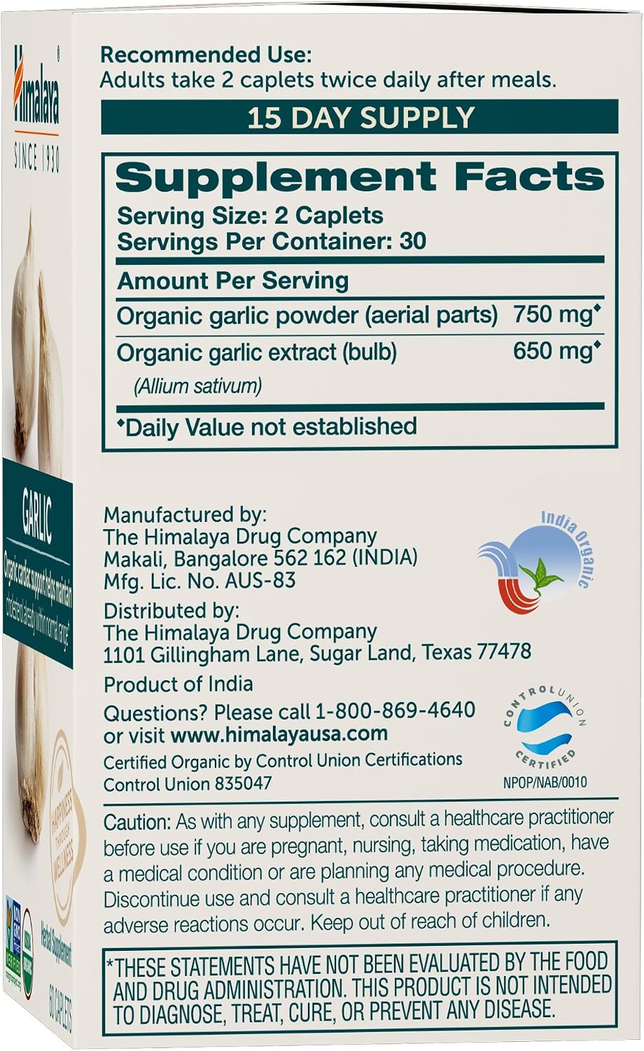 Himalaya USDA Organic Garlic Supplements, 1400 mg, 60 Caplets