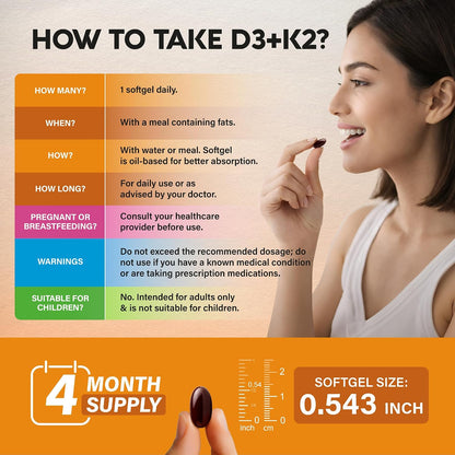 Vitamin D3 K2 - Vitamin D3 10000 iu & K2 120 mcg - Immune & Mood Support, for Bone & Teeth Health - with Zinc, Vitamin C & B12 - Highly Bioavailable - For Men & Women - 120 Softgels, 120 days supply