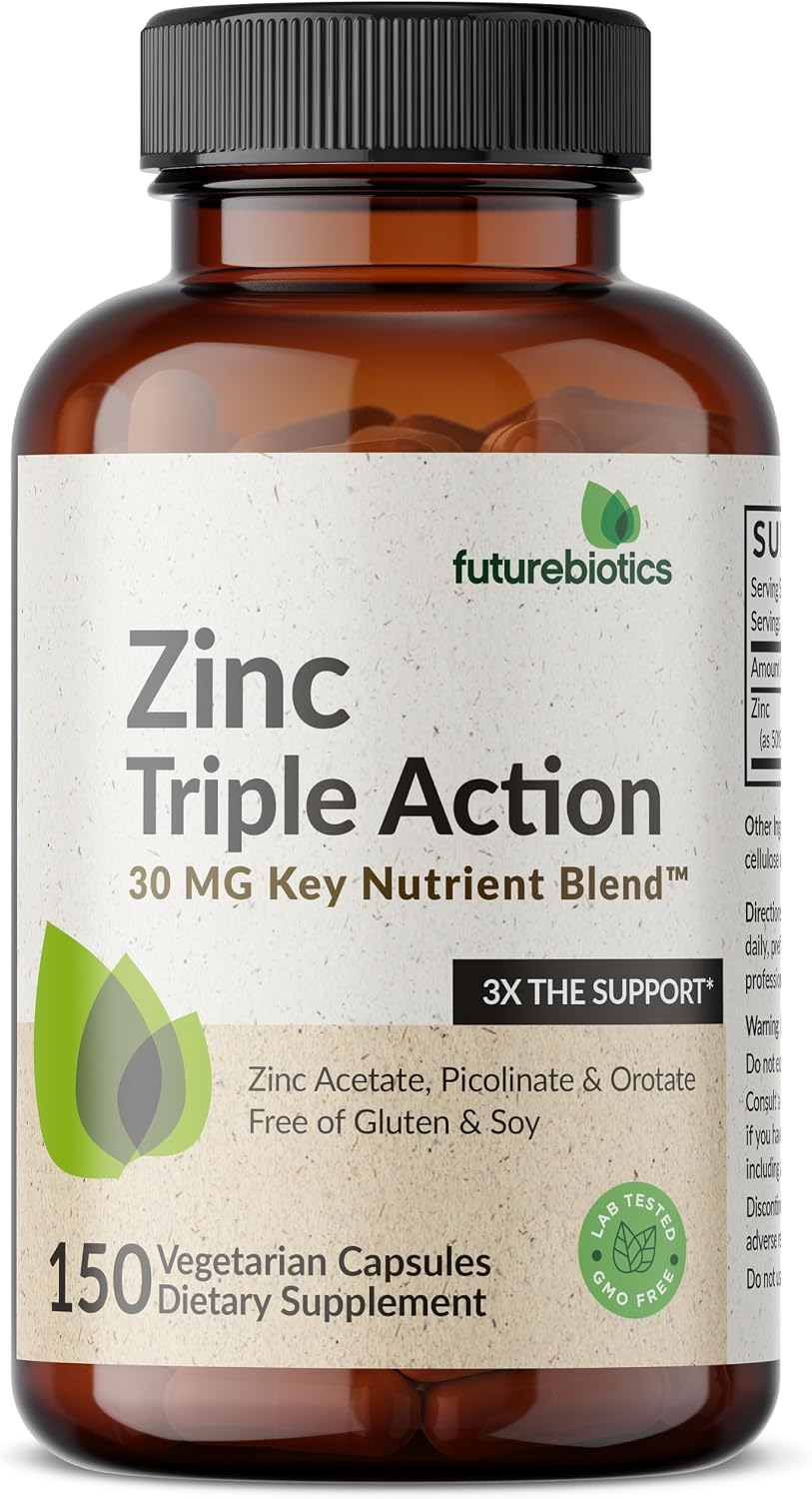 Futurebiotics Zinc Triple Action 30mg Key Nutrient Blend Immune Support Supplement with Zinc Acetate, Picolinate & Orotate - Immune, Antioxidant & Skin Health Support - 150 Vegetarian Capsules