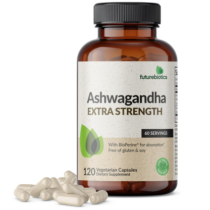Futurebiotics Ashwagandha Extra Strength Stress & Mood Support 100 Capsules | Vegetarian, Non-GMO, Gluten-FREE, Soy-FREE, BioPerine for High Absorption