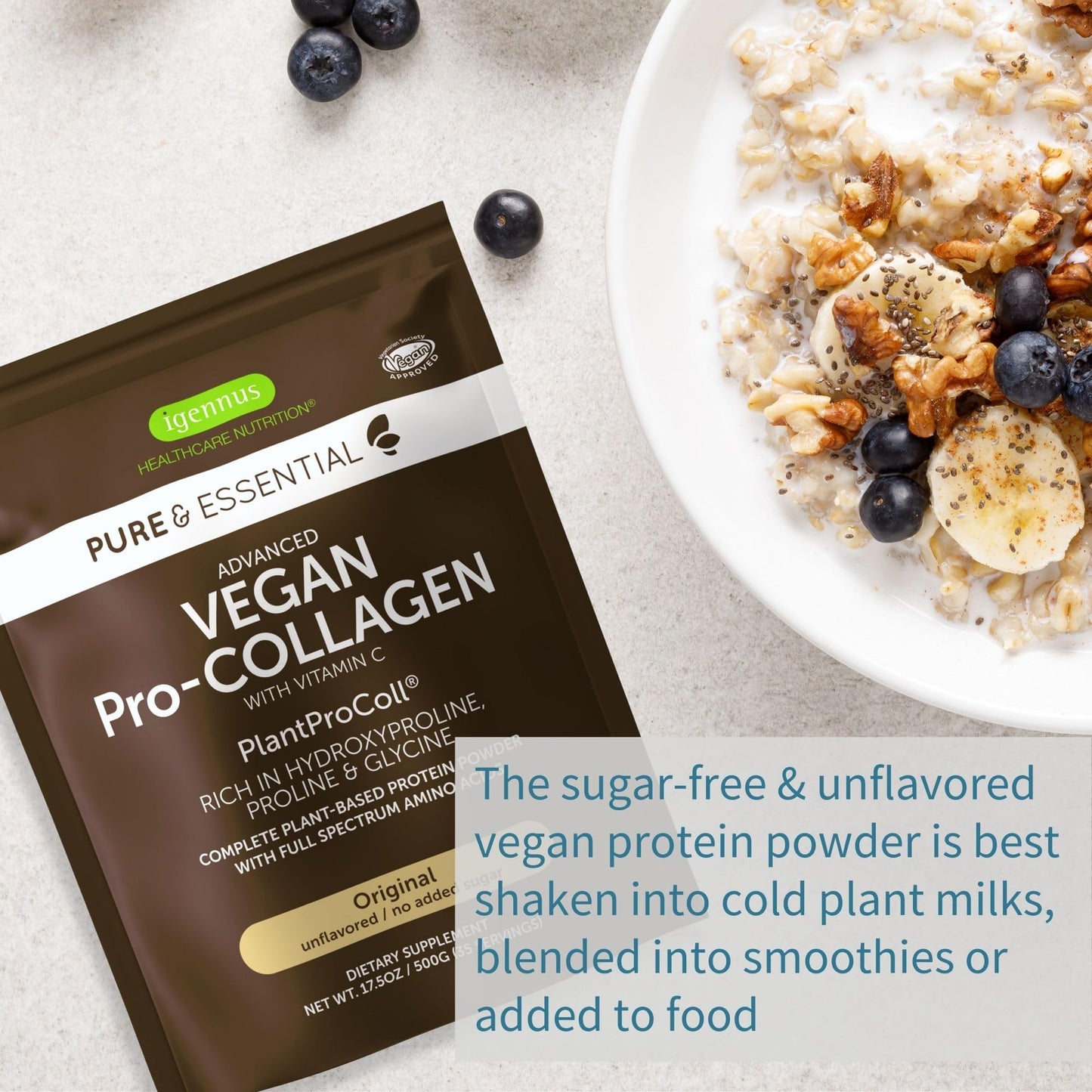 Igennus Vegan Collagen Peptide Powder, Enhanced with Glycine, Proline & Hydroxyproline & Cofactor Vitamin C, Non GMO, Complete Vegetarian Plant Based Collagen Powder Booster, 35 Servings