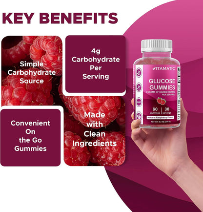 Vitamatic Glucose chewable Gummies - 60 Count - Natural Raspberry Flavor - 4G of Carbohydrate per Serving (1 Bottle) | 4 g Carbohydrates per Serving, Pectin-Based, Gluten Free, Non GMO