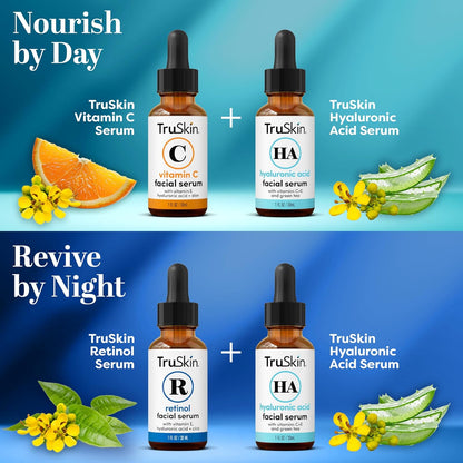 TruSkin Serum Trio with Vitamin C, Retinol & Hyaluronic Acid, 1 fl oz Each | Complete anti aging AM, PM & all-day skincare routine with coordinated serums to brighten, smooth & hydrate skin