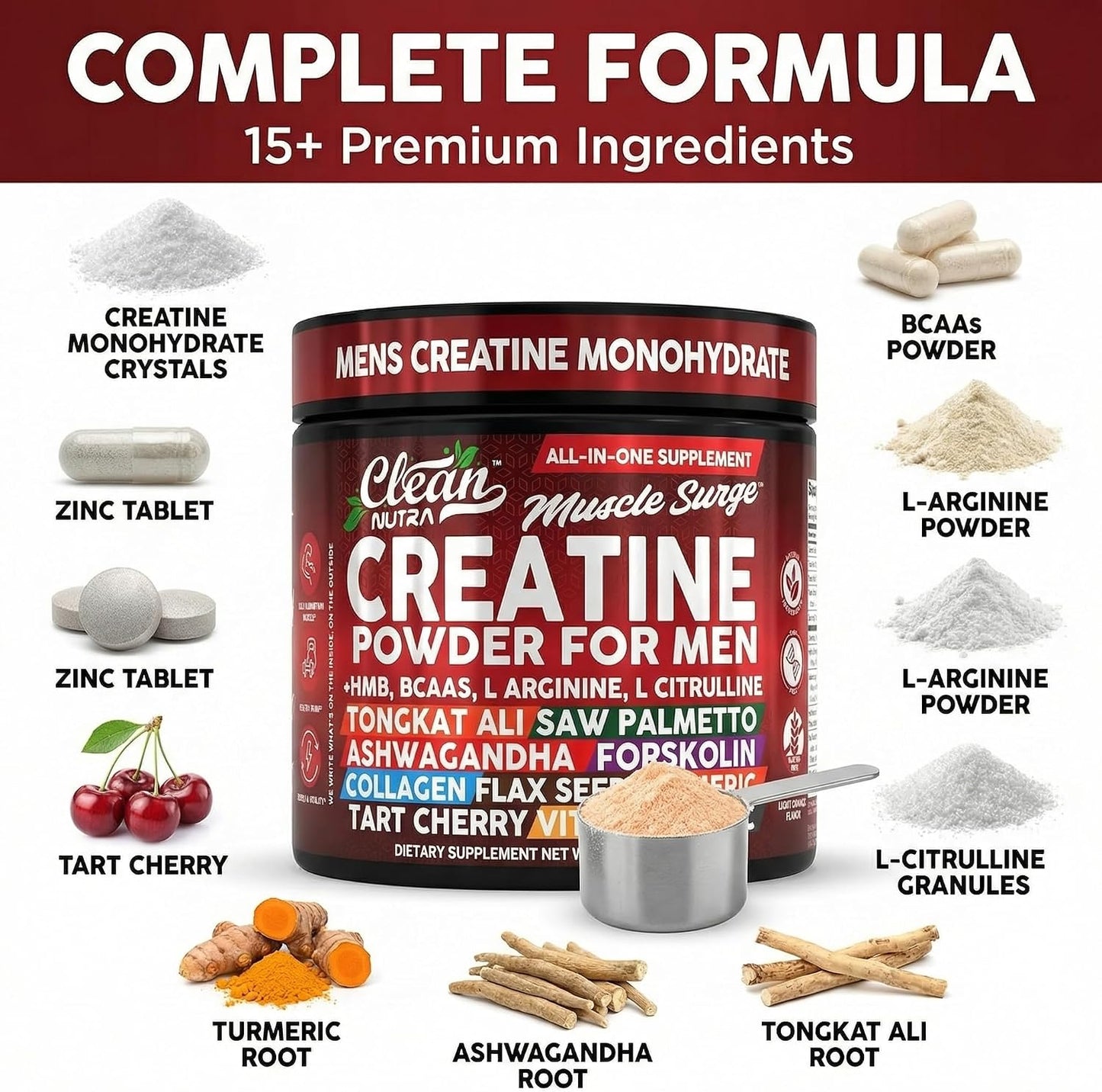 Clean Nutra Creatine Powder for Men + HMB BCAA L Arginine L Citrulline Tongkat Ali Saw Palmetto Ashwagandha Collagen Flax Seed Turmeric Preworkout Stevia Nitric Oxide L Glutamine Amino Acids