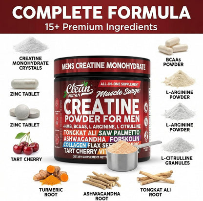 Clean Nutra Creatine Powder for Men + HMB BCAA L Arginine L Citrulline Tongkat Ali Saw Palmetto Ashwagandha Collagen Flax Seed Turmeric Preworkout Stevia Nitric Oxide L Glutamine Amino Acids