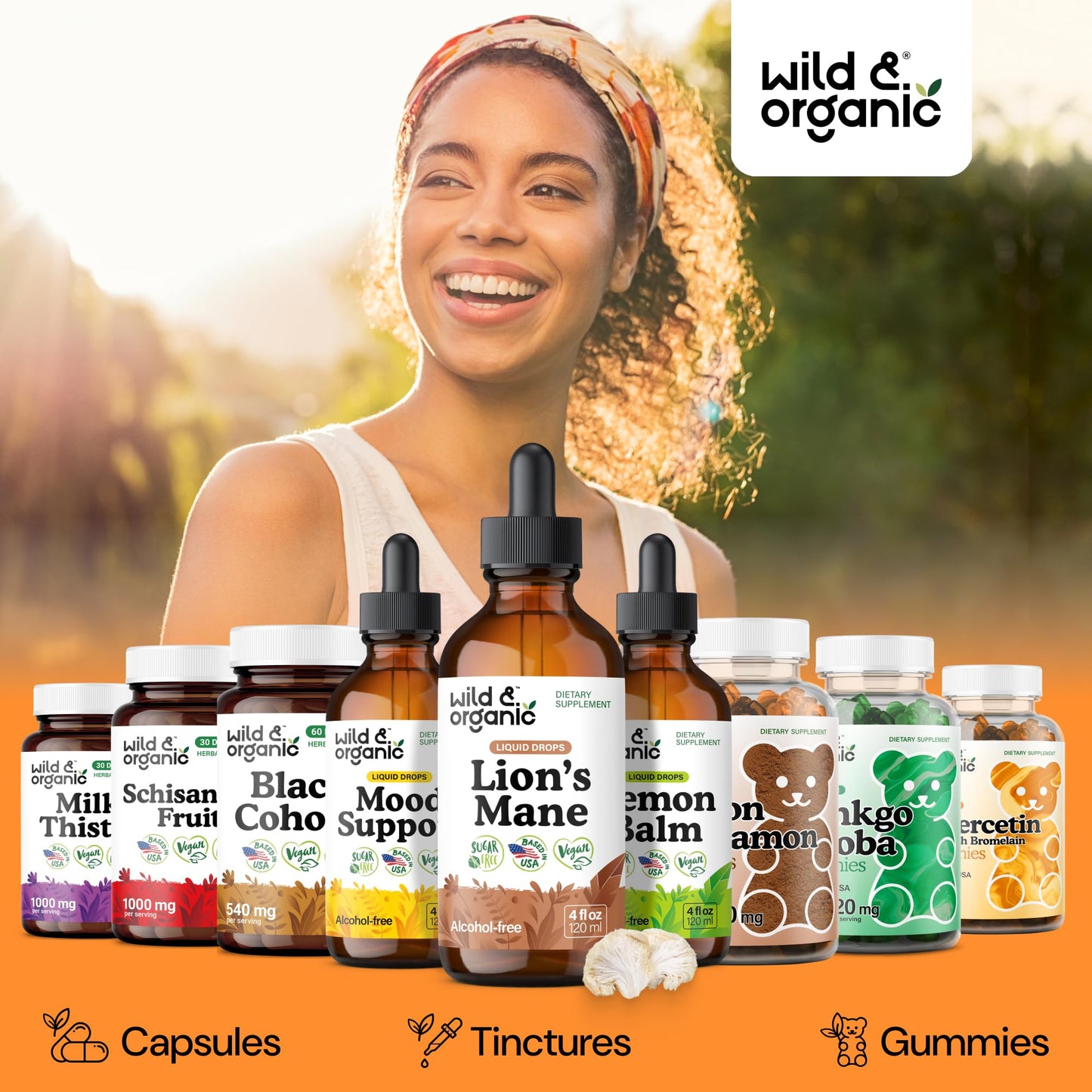 Wild & Organic Lions Mane Liquid Drops - Brain & Focus Support - Lion's Mane Mushroom Supplement - Hericium Erinaceus Mushroom Drops - Mix with Powder - Sugar & Alcohol-Free Extract Tincture - 4 oz