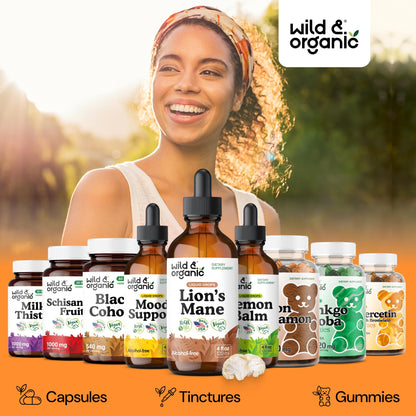 Wild & Organic Lions Mane Liquid Drops - Brain & Focus Support - Lion's Mane Mushroom Supplement - Hericium Erinaceus Mushroom Drops - Mix with Powder - Sugar & Alcohol-Free Extract Tincture - 4 oz