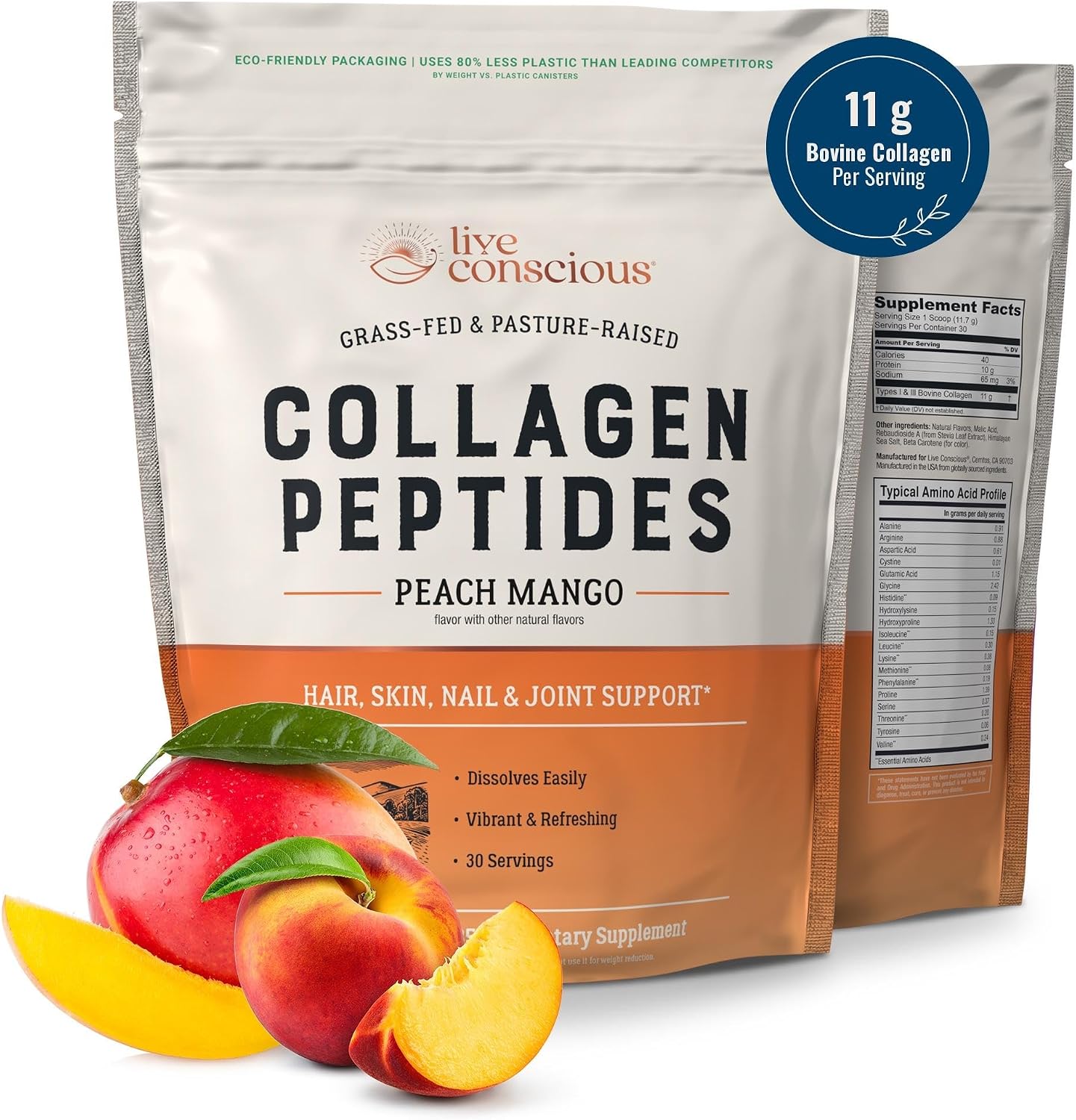 Live Conscious Beyond Greens & Collagen Peptides Peach Mango| Mushroom Coffee Alternative Low Caffeine + Hair, Skin, Nail, and Joint Support