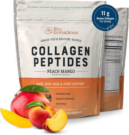 Live Conscious Beyond Greens & Collagen Peptides Peach Mango| Mushroom Coffee Alternative Low Caffeine + Hair, Skin, Nail, and Joint Support