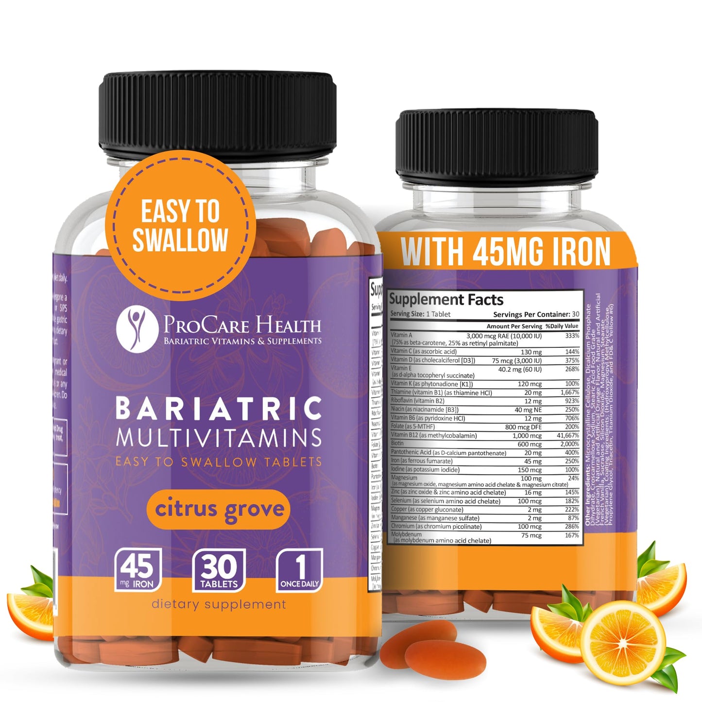 ProCare Health Easy-45 Bariatric Multivitamin | Citrus Grove Tablets | 90ct | Once Daily Tablets for Gastric Bypass Sleeve & Post-Op Support Pills for Sleeve Patients & Sustains Recovery, Easy to Swallow
