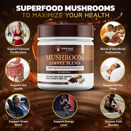 Mushroom Coffee, 90 Servings Organic Mushrooms Instant Coffea, Great Tasting Colombian Keto Coffee, 7 Superfood Mishrooms Lions Mane, Chaga, Reishi, Cordyceps, Maitake, Shiitake, and Turkey Tail