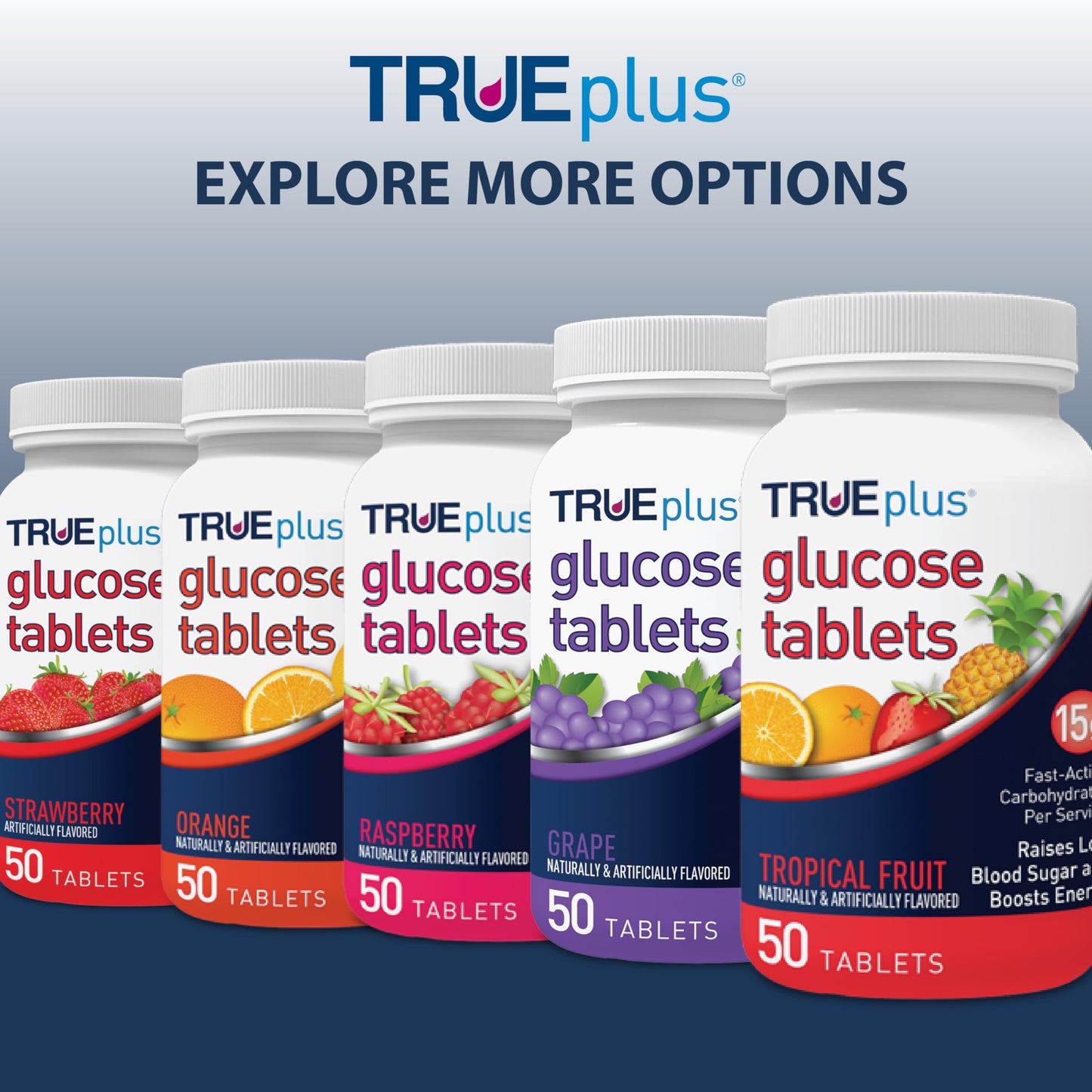 TRUEplus Glucose Tablets, Grape, Raspberry, Orange Flavors, 50 Count | Chewable Tablets, 15g Fast-Acting Carbohydrates, Fat Free, Gluten Free, Boosts Energy, Great Tasting and Easy to Use