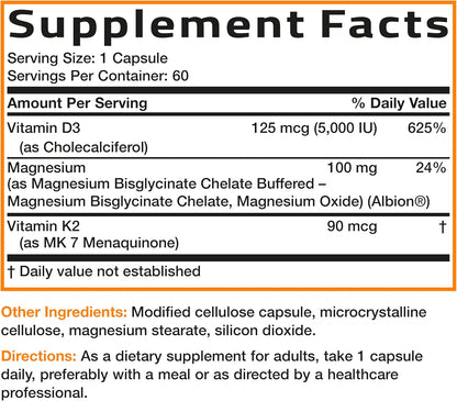 Bronson Vitamin K2+D3 Magnesium Glycinate Supplement, 60 Capsules | 3-in-1 Bone & Heart Health Support Formula, Non-GMO, Gluten Free, Soy Free