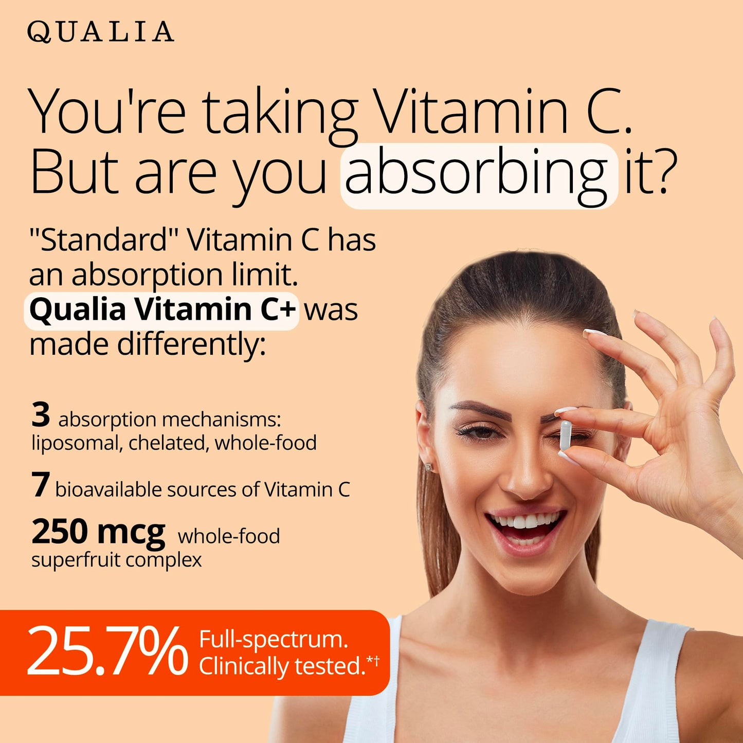 Qualia Vitamin C+ | Clinically Studied, Doctor Formulated | 7 High-Absorption Forms Including Liposomal PureWay-C®, Chelated & Food-Sourced with Citrus Bioflavonoids, Zinc, & Rose Hips | 500 mg
