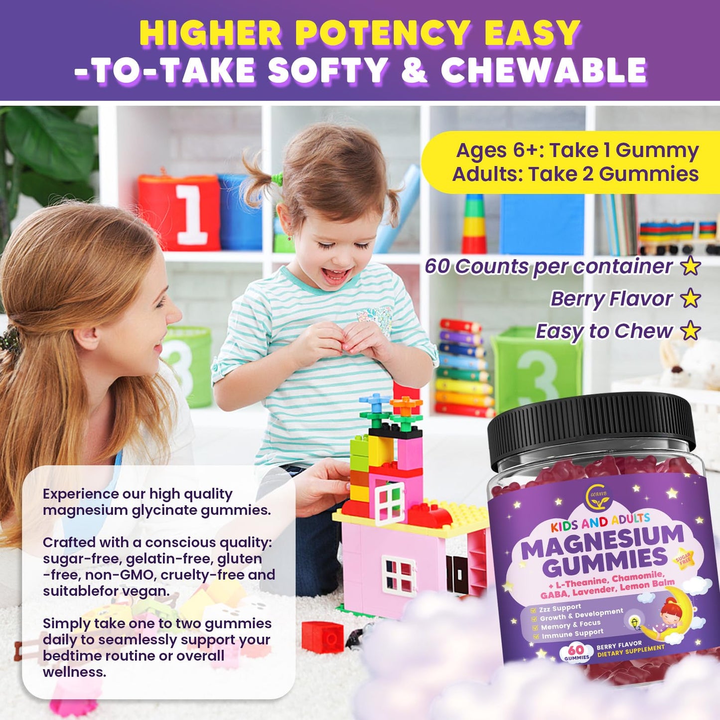 Magnesium Glycinate Gummies 400/200mg for Kids & Adults, NO Melatonin Sleep Aid Magnesium Supplement Gummies with Chamomile, Lavender, L-Theanine & GABA, B6, D3 & K2 for Bone, Relax, Immune Support