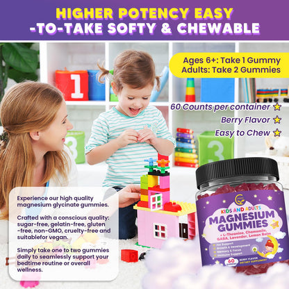 Magnesium Glycinate Gummies 400/200mg for Kids & Adults, NO Melatonin Sleep Aid Magnesium Supplement Gummies with Chamomile, Lavender, L-Theanine & GABA, B6, D3 & K2 for Bone, Relax, Immune Support