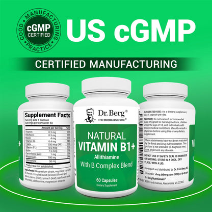 Dr. Berg Natural Vitamin B1 B6 B12 Complex - Allithiamine Vitamin B1 Supplement with 8 Essential Vitamin B Complex for Men & Women Including Thiamin, Niacin, Folate, Magnesium & More - 60 Capsules