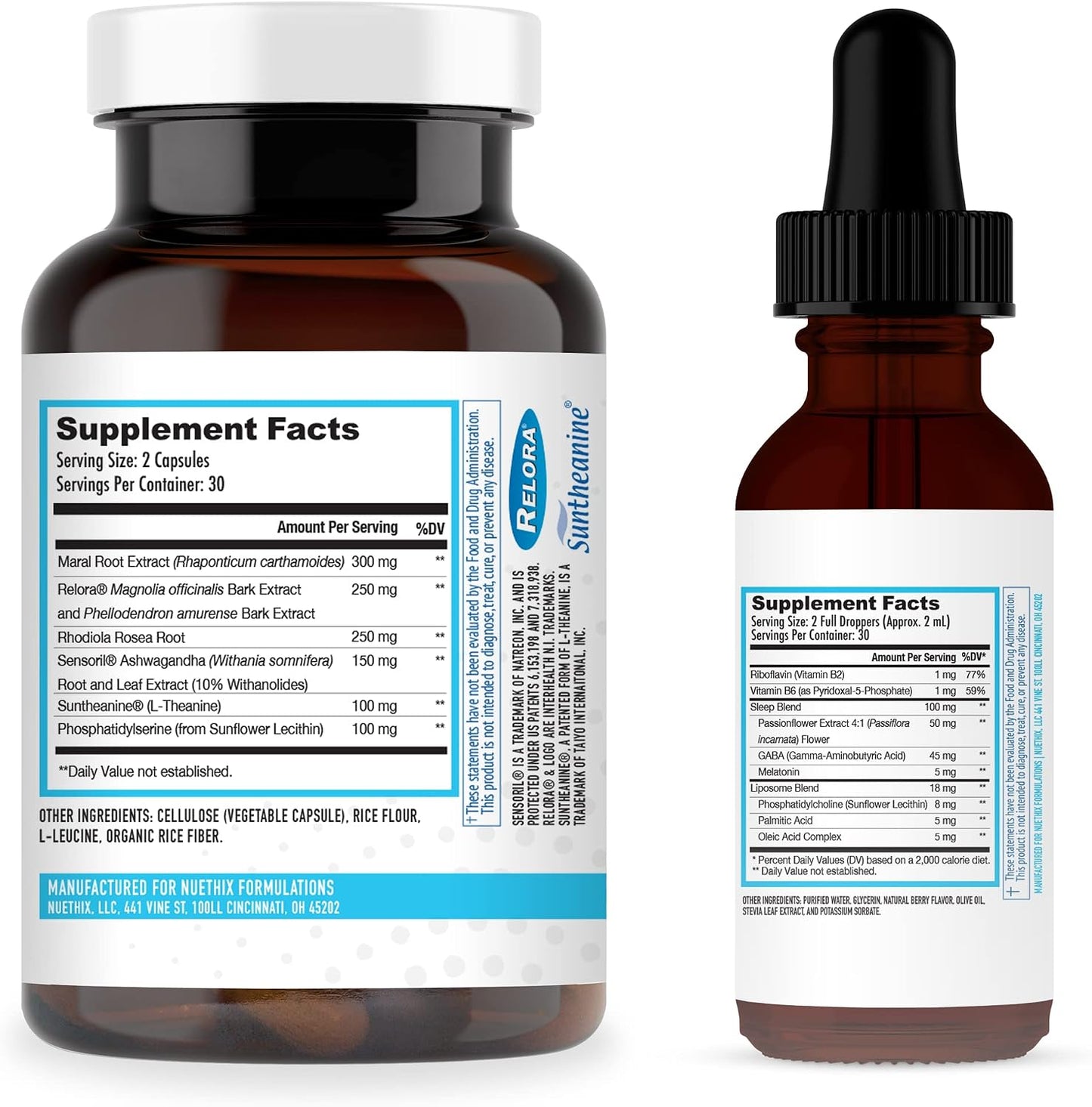NuEthix Formulations Relaxation Supplement Bundle: Cort-Eaze Cortisol-Control Supplement, 60 Capsules, 30 Servings and Relax Liposomal, 2 Fluid Ounces, 30 Servings