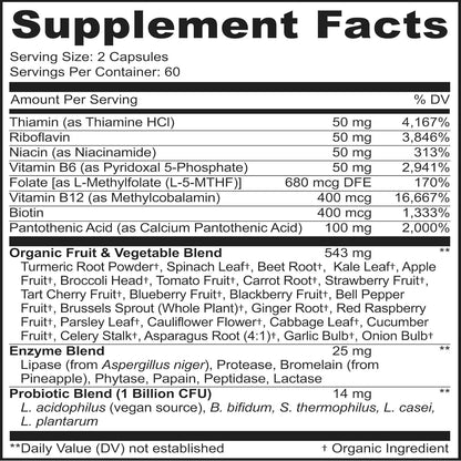 MoxyVites Vitamin B Complex - B Vitamins Whole Food Supplement, B12 Methylcobalamin, B1, B2, B3, B5, B6, B7, B9 - for Stress, Energy and Immune Support, Vegan, 120 Capsules