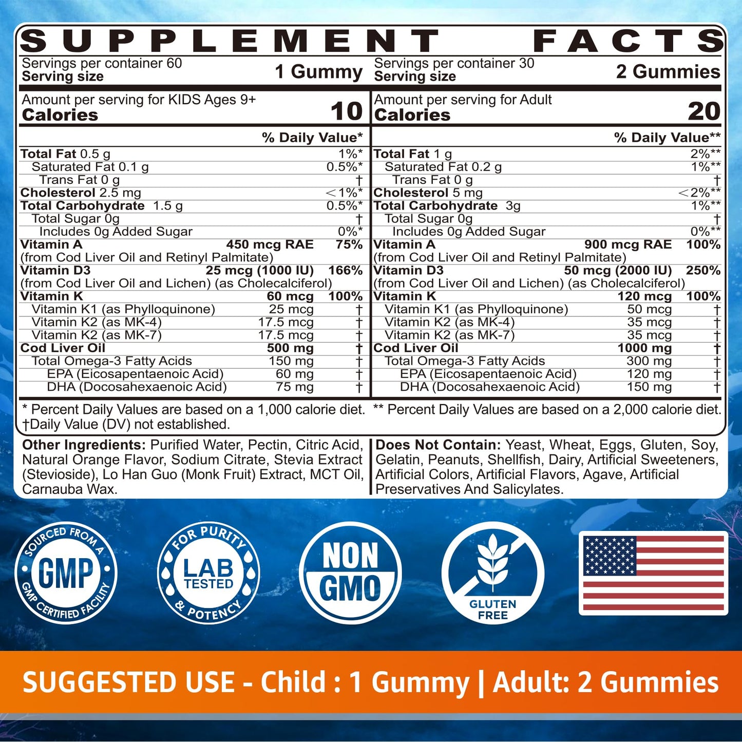 Cod Liver Oil Gummies 1000mg for Kids & Adults - w/Omega 3 (EPA & DHA), Vitamins A, D3 & K2 - Cod Liver Oil Omega 3 Gummies for Immune, Brain & Cognitive Support, SugarFree, Orange Flavor, 120Cts