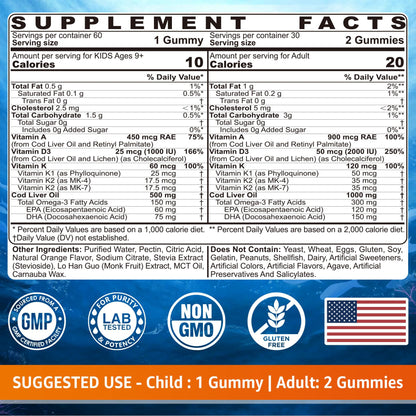 Cod Liver Oil Gummies 1000mg for Kids & Adults - w/Omega 3 (EPA & DHA), Vitamins A, D3 & K2 - Cod Liver Oil Omega 3 Gummies for Immune, Brain & Cognitive Support, SugarFree, Orange Flavor, 120Cts