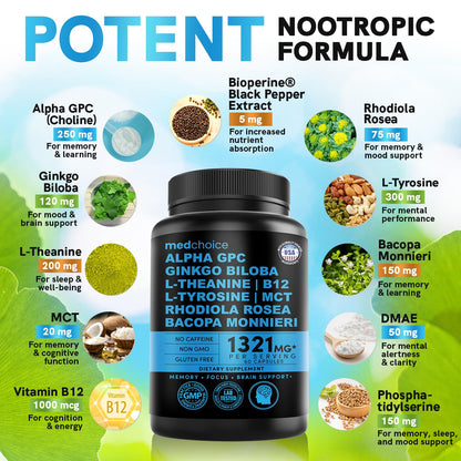 MEDCHOICE 11-in-1 Nootropic Brain Supplement, Non-Caffeinated, 60ct