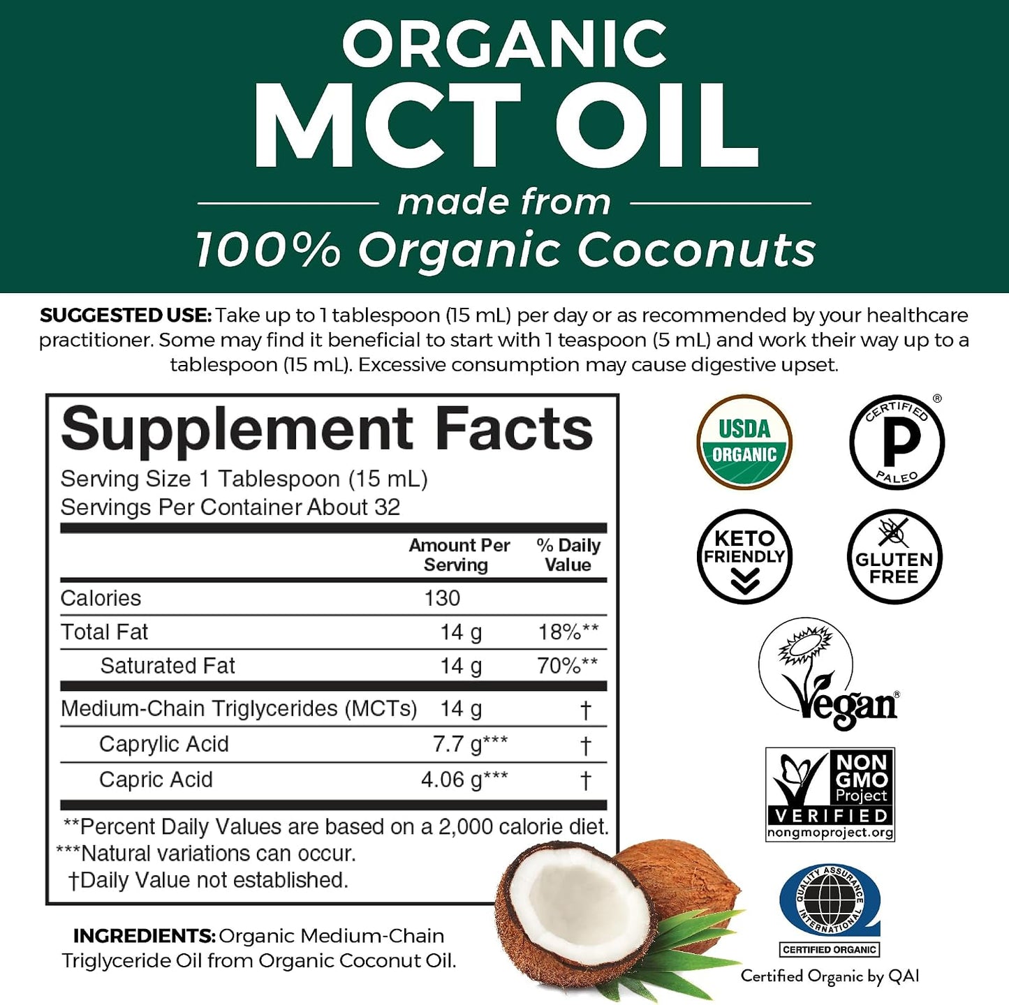 Viva Naturals Organic MCT Oil, 16 fl oz – MCT Oil for Coffee, USDA Organic, Non-GMO, Paleo Certified & Keto Friendly, Supports Energy & Mental Clarity