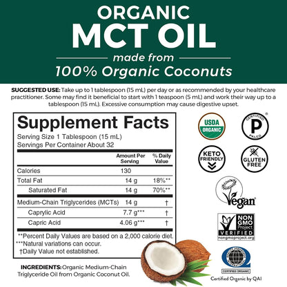 Viva Naturals Organic MCT Oil, 16 fl oz – MCT Oil for Coffee, USDA Organic, Non-GMO, Paleo Certified & Keto Friendly, Supports Energy & Mental Clarity