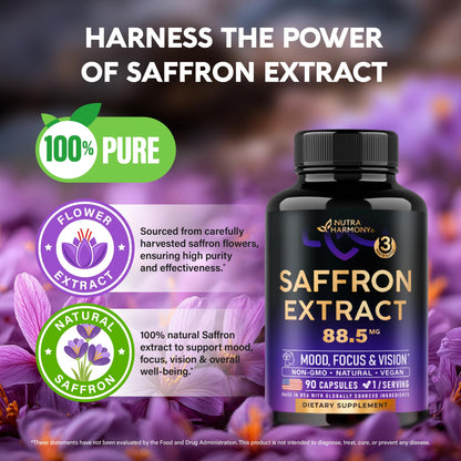 Natural Saffron Supplements - Pure Saffron Extract 88.5 mg - Mood | Focus | Vision | Energy Support - Eye Health for Women & Men - Lab Tested - NonGMO Vegan Pills - 90 Powder Capsules, 3 Month Supply