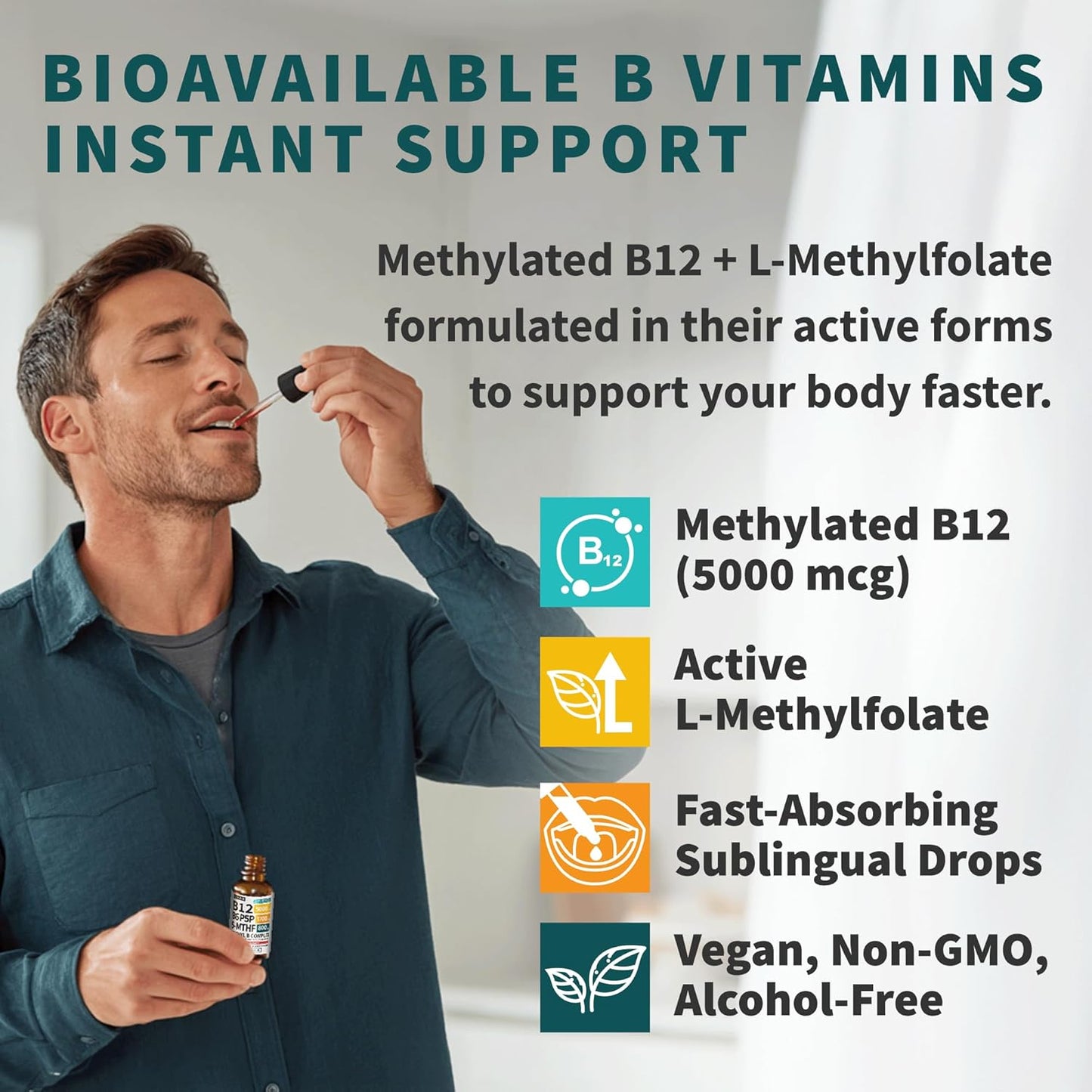 (2-Pack) Methylated B Complex Liquid Drops - Vitamin B Complex with Active L Methylfolate - B12 Sublingual Drops - Vegan B12 Vitamin 5000mcg, Non-GMO, Raspberry Flavor, No Sugar, 2 Fl oz, 80 Servings