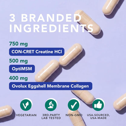 AMANDEAN Creatine HCl + Collagen + MSM Capsules, CON-CRET & OptiMSM, 90ct
