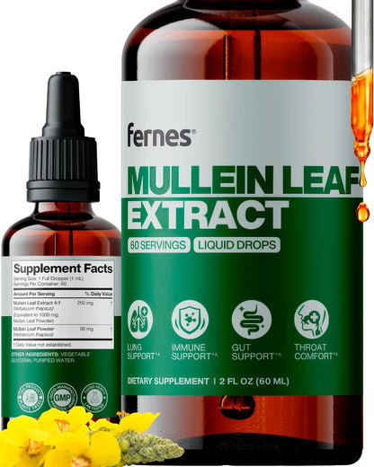 Mullein Drops for Lungs – Liquid Mullein Leaf Extract for Respiratory & Immune Support – Alcohol-Free Herbal Tincture for Men & Women – Made in USA, 3rd-Party Tested – 2 fl oz, 60 Servings