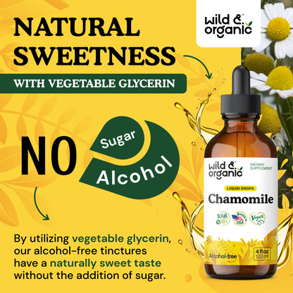 Wild & Organic Chamomile Flowers Drops - Add to Tea for Relaxation Support - 500 mg Chamomile Extract Liquid Drops - Calming Herbal Supplement - 56-Day Supply - Vegan, Sugar & Alcohol-Free - 4 fl oz