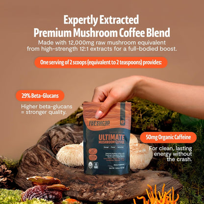 Premium Organic Mushroom Coffee – 12:1 Fruiting Body Extract – 29% Beta-Glucans – Smooth Tasting, 3rd-Party Tested for Clean Energy, No Jitters, Focus, Immune Support (15 Servings)