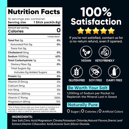 Venture Pal High Sodium Sugar Free Electrolytes Powder Packets, 16 Count | Hydration Packets with Sodium, Magnesium & Potassium, Vitamins, Zero Calories, Vegan, Keto & Paleo Friendly