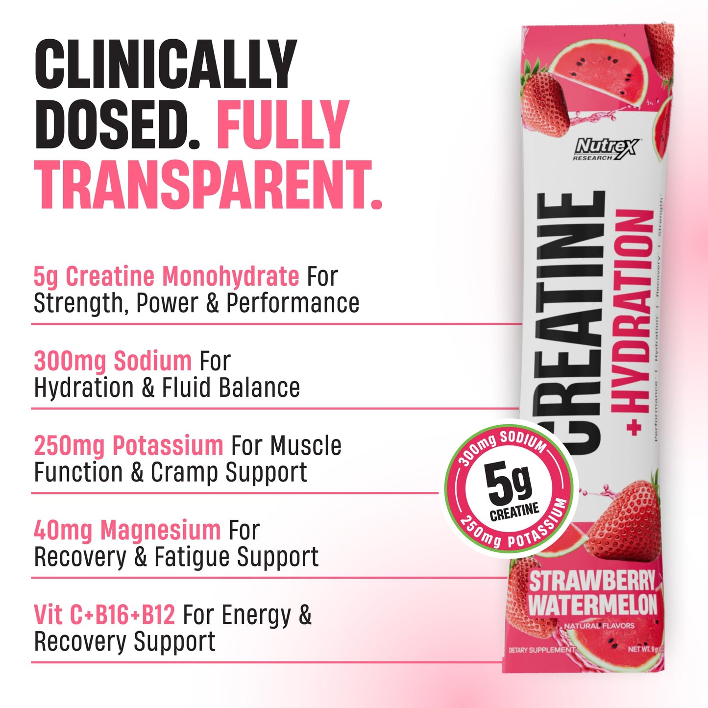Nutrex Research Essentials Creatine + Hydration Stick Packs, 5g Creatine + Electrolytes, Sugar Free, Gluten Free, Strawberry Watermelon, 15 On-The-Go Stick Packs