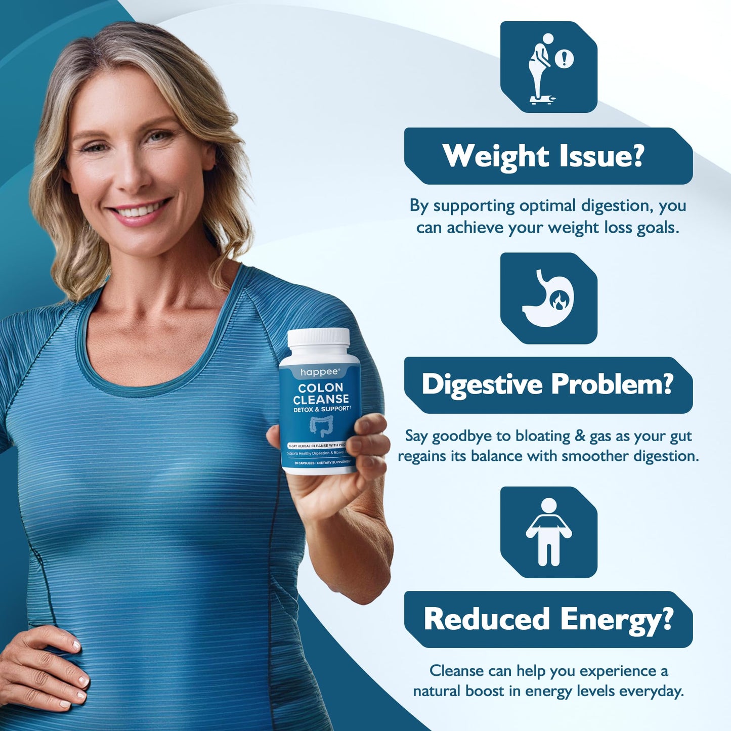 Happee Colon Cleanser & Detox for Weight Loss & GLP-1 Support - 15 Day Colon Cleanse Pills & Gut Support Probiotics Women Men - Fast Natural Laxatives Constipation Relief