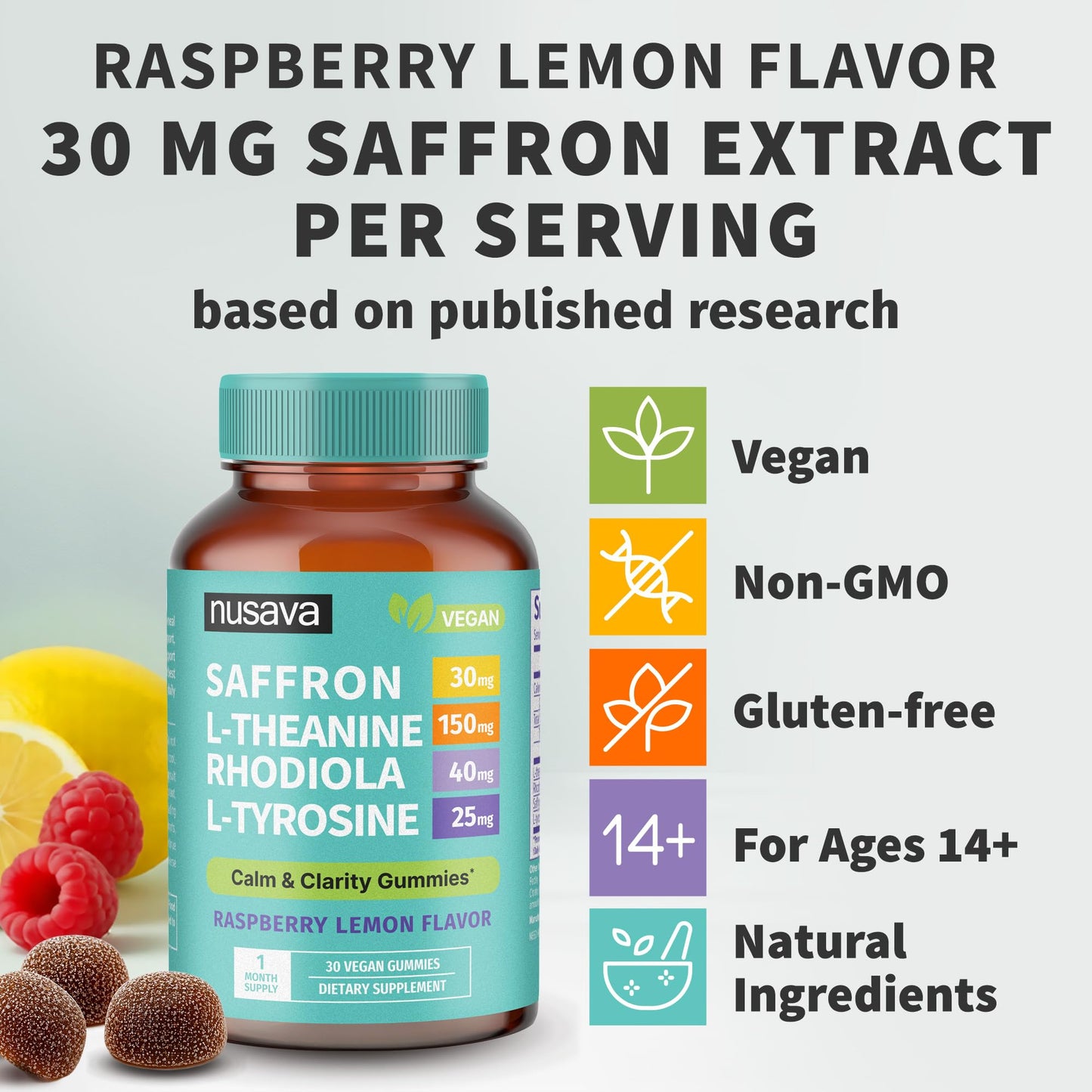 4-in-1 Saffron Gummies - Saffron Supplements with Rhodiola Rosea, L Theanine Gummies & L-Tyrosine - Saffron Extract Mood Support Supplement for Calm & Focus - Vegan, Non-GMO & Gluten-Free (30 Ct)