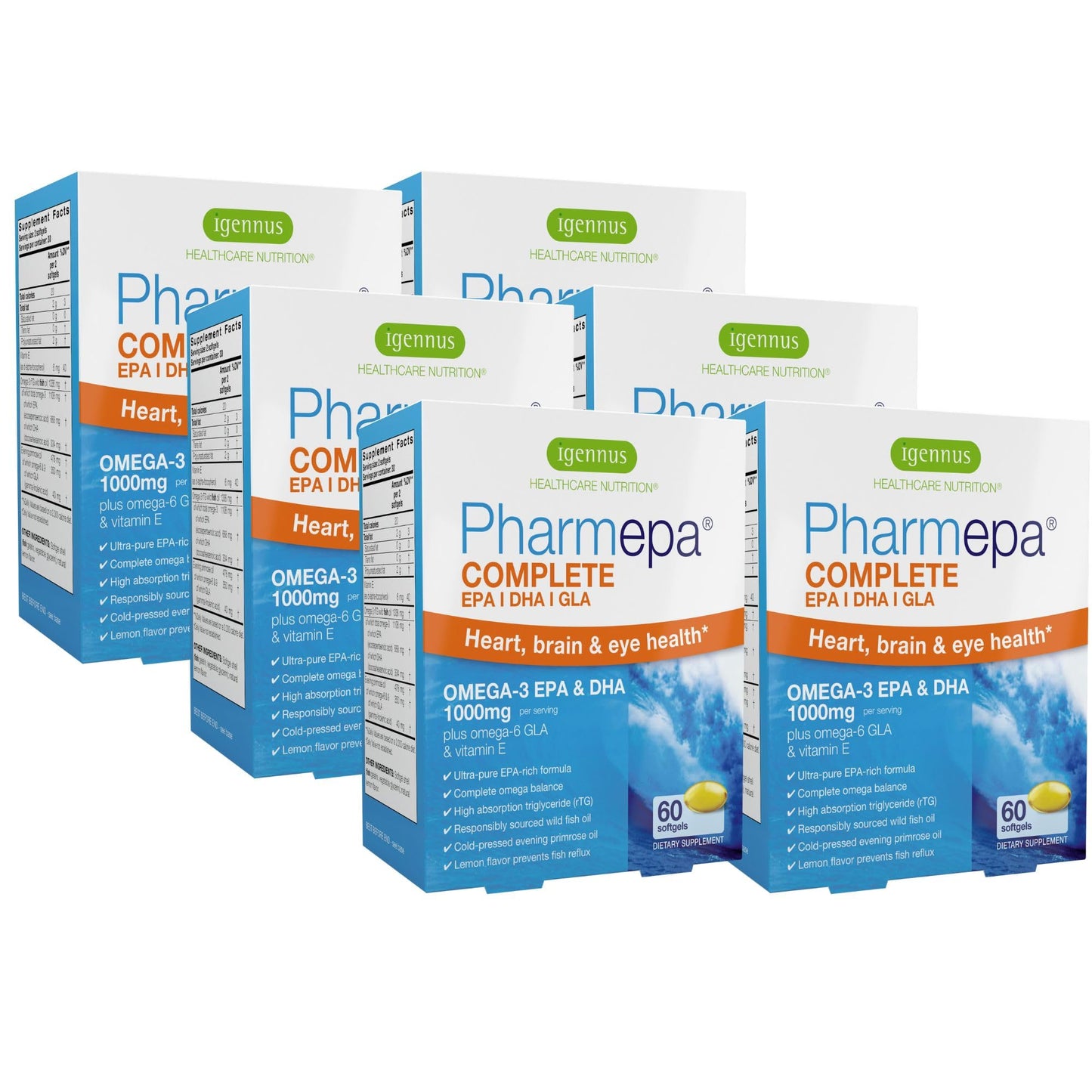 Igennus Pharmepa rtg Omega 3 EPA DHA Fatty Acids 1000mg, IFOS Certified, High Potency Wild Fish Oil with GLA Evening Primrose Oil, Lemon Flavor, 60 Softgels