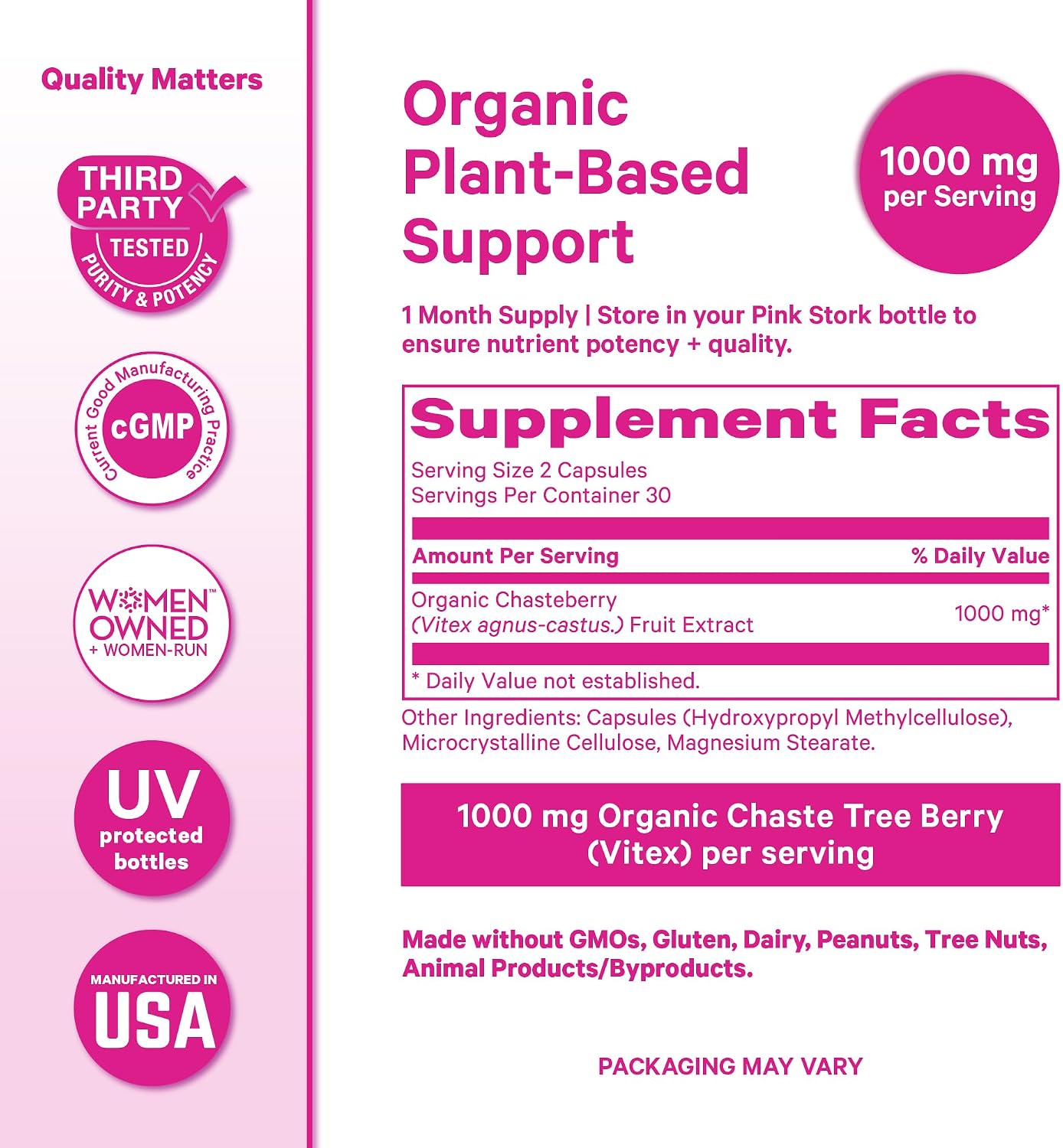 Pink Stork Organic Vitex, 1000 mg, 60 Vegan Capsules | Chaste Tree Berry, Plant-Based Support, Perimenopause & Hormonal Harmony, Supports Cycle Regularity & Hormone Balance